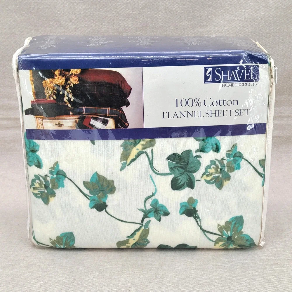 NOS SHAVEL 100% Cotton Flannel Queen Sheet Set VINTAGE Green Ivy Leaves New